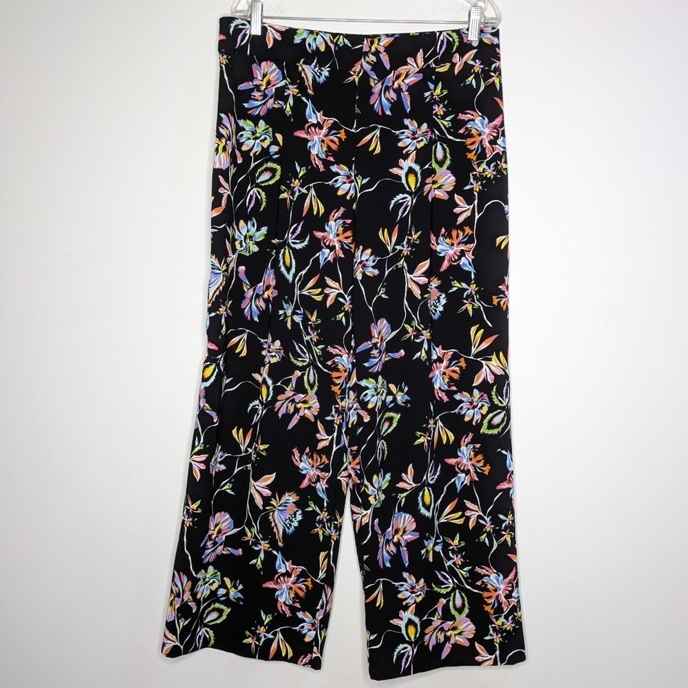 Bar III Black Colorful Rainbow Floral Wide Leg Sheer Chiffon Pant 12